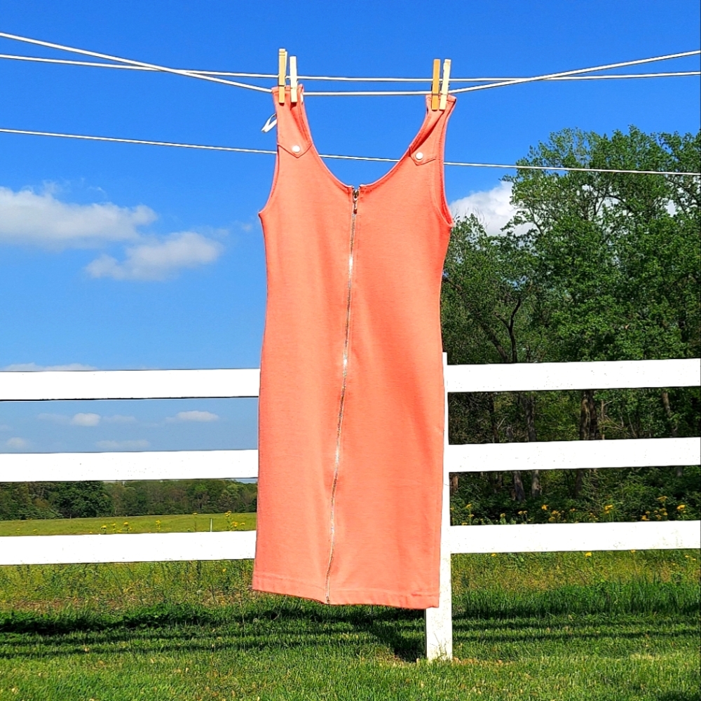 Vintage Bodycon Zip up Peach Mini Dress Vtg 90s festival rave party go-go dancer